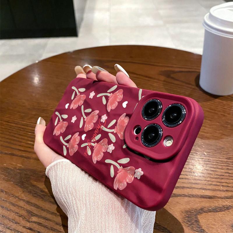 Surface Wrinkles and Unevenness Phone Shell Red Flowers Floral Printed Protective Matte TPU Cover Soft Silicone Case