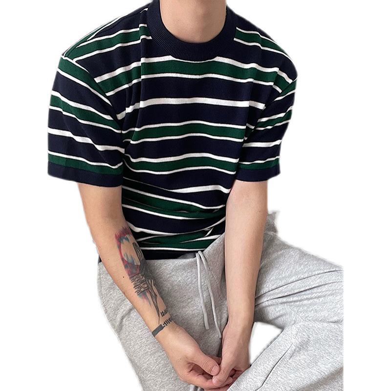 2024 Korean Striped Casual Loose-Fit Knit Crew Neck T-Shirt for Men