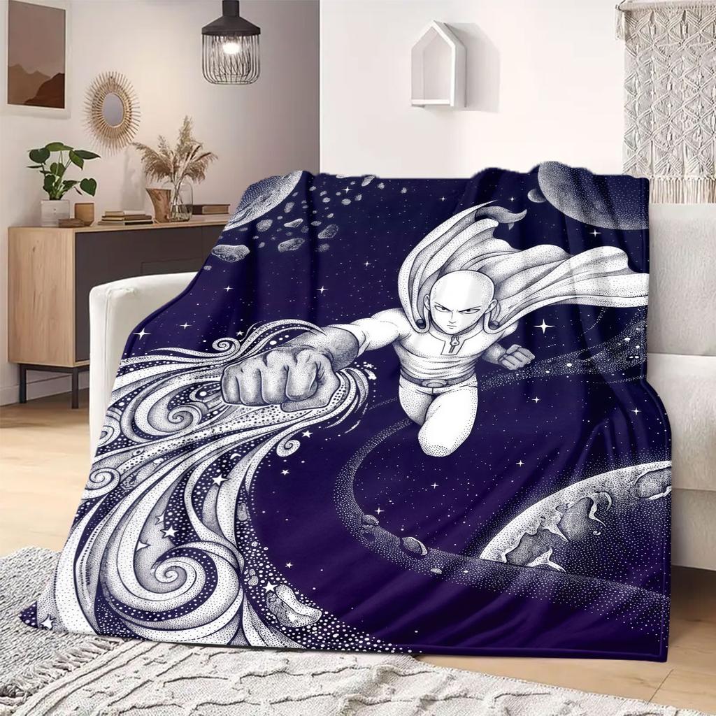 One Punch Man Smart Print Flannel Blanket, Cartoon Decorative Pattern, Soft and Warm for Bed and Couch, Travel Blanket_LIAN