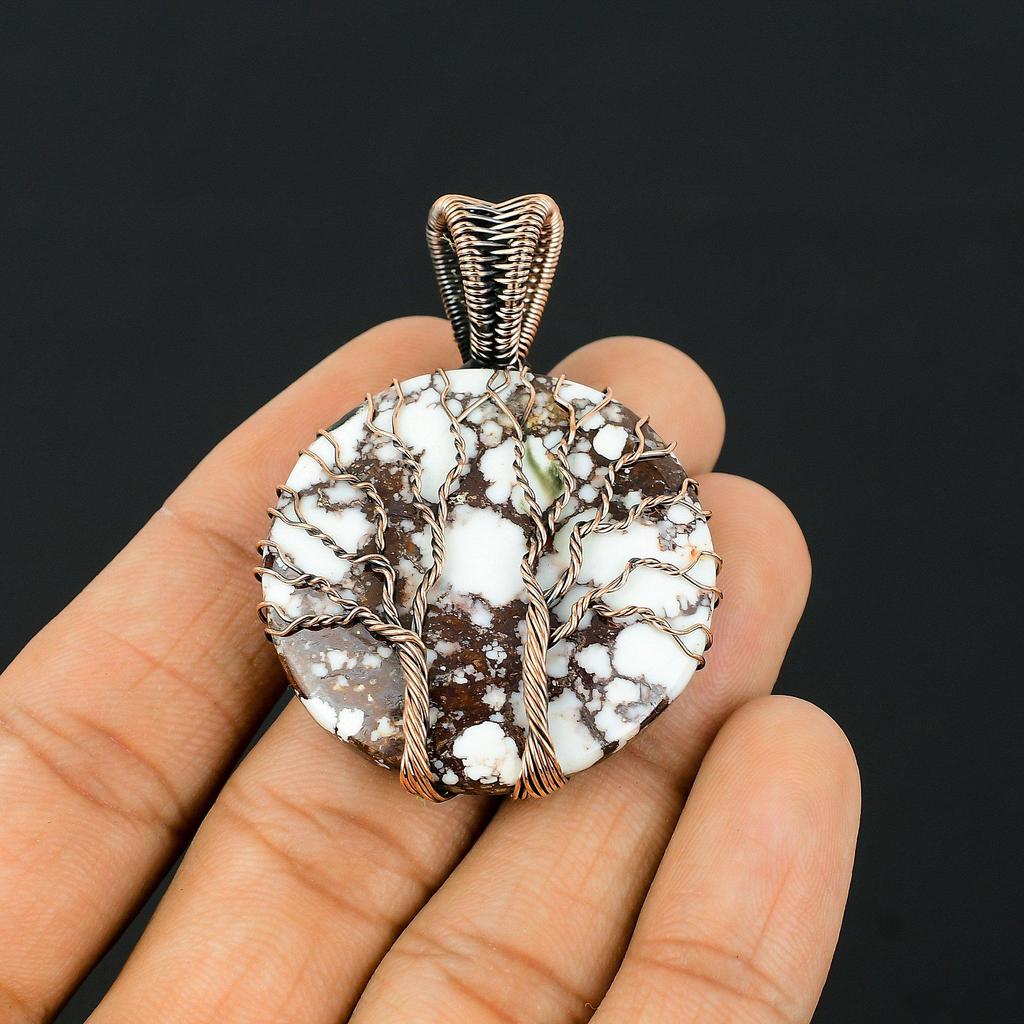 Double Tree Of Life Wild Horse Gemstone Copper Wire Wrap Handmade Pendant Jewelry For Gift