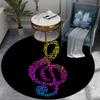 Regenbogen Violinschlüssel Runder Teppich - Bunte Musiknoten auf Schwarz, Moderner Bohemischer Wohnzimmerteppich, Rutschfeste Künstlerische Bodenmatte