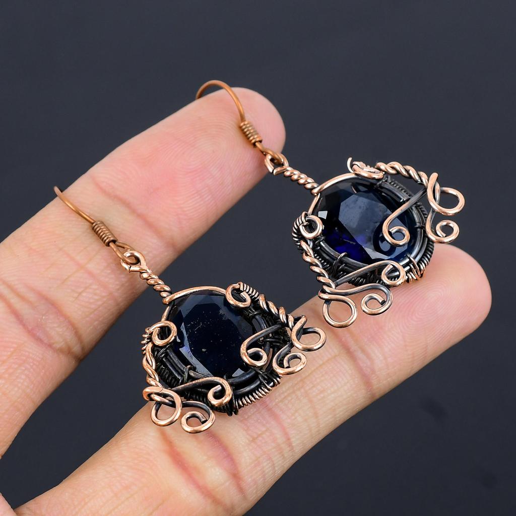 Blue Sapphire Earrings, Handmade Gemstone Earrings, 999 Copper Wire Wrapped  Earrings Antique Jewelry, For Engagement Gift