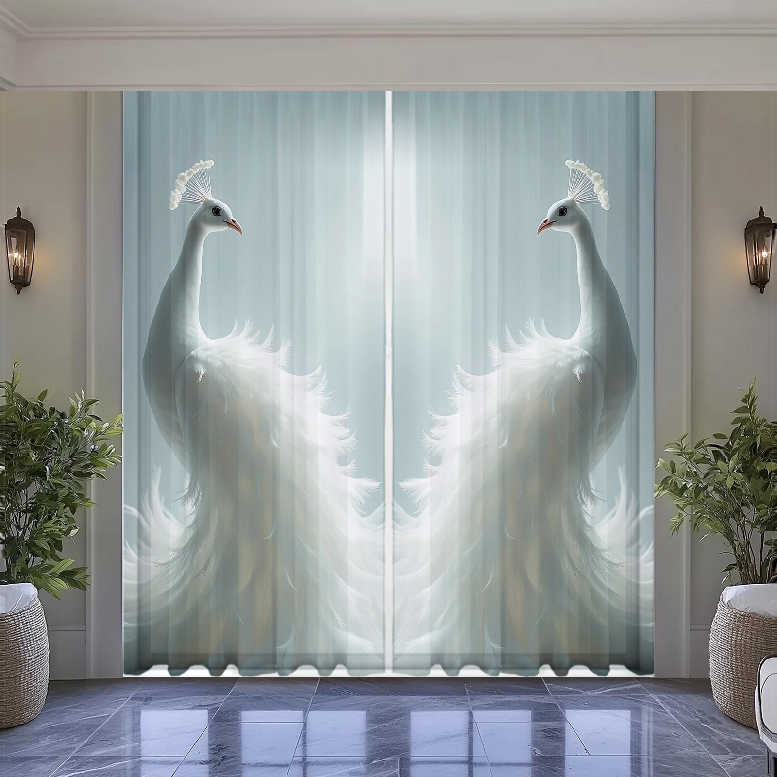 

Elegant White Peacock Curtains Polyester Design Living Room Dining Bedroom Studio Cafe Light Filtering Set Of 2 Made With Rod Pocket Decor W100*H70(CM)-Hooks&2PCS