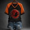 Women's Casual V-Neck Short Sleeve Halloween Print T-Shirt with Raglan Sleeves