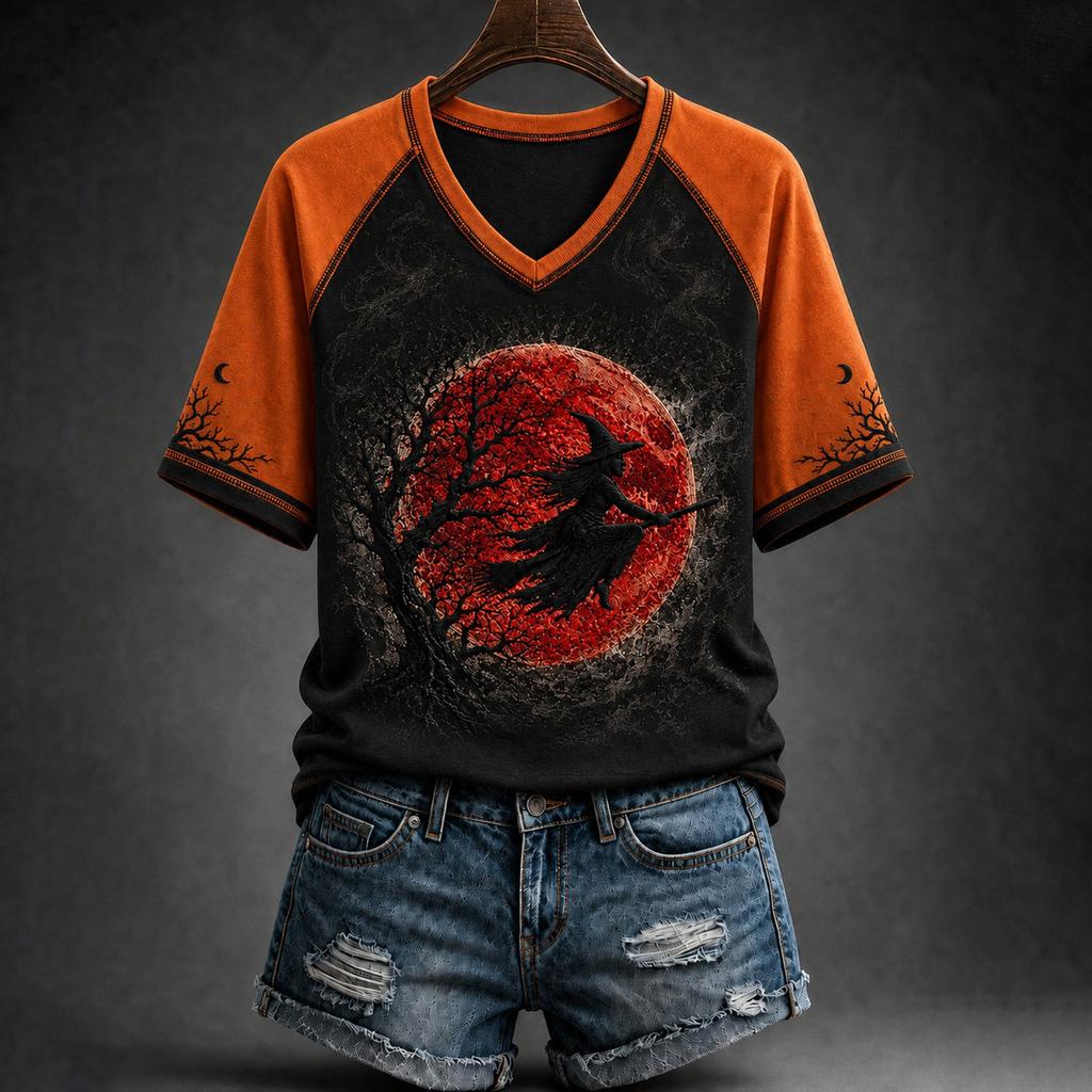 Women's Casual V-Neck Short Sleeve Halloween Print T-Shirt with Raglan Sleeves