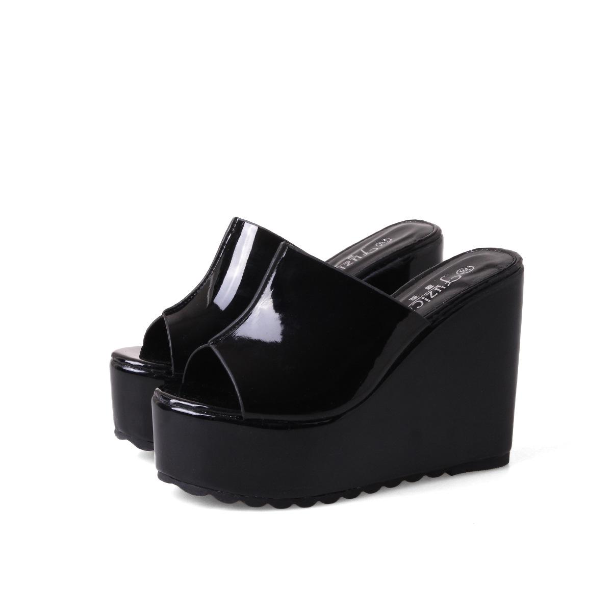 

Модные летние лаконичные кожаные туфли на танкетке с открытым носком, сандалии для женщин на высоком каблуке 12 см, женские туфли на платформе 39 чёрный