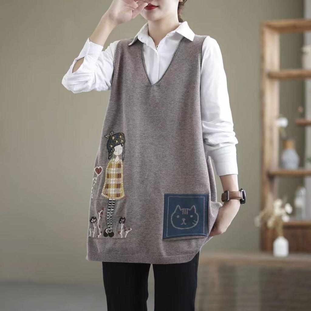 Retro Literature and Art Spring Autumn Winter Women's Pullover V-neck Patchwork Pockets Sweate Fashion Casual Elegant Sleeveless Vest Tops