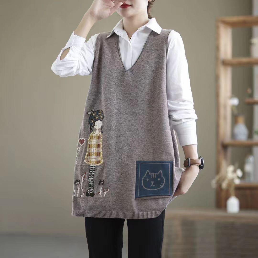 Ретро Литература и искусство Весна Осень Зима Женский свитер V-образный вырез Лоскутные карманы Свитшот Модный повседневный элегантный безрукавный жилет Топы 3XL 3457₽