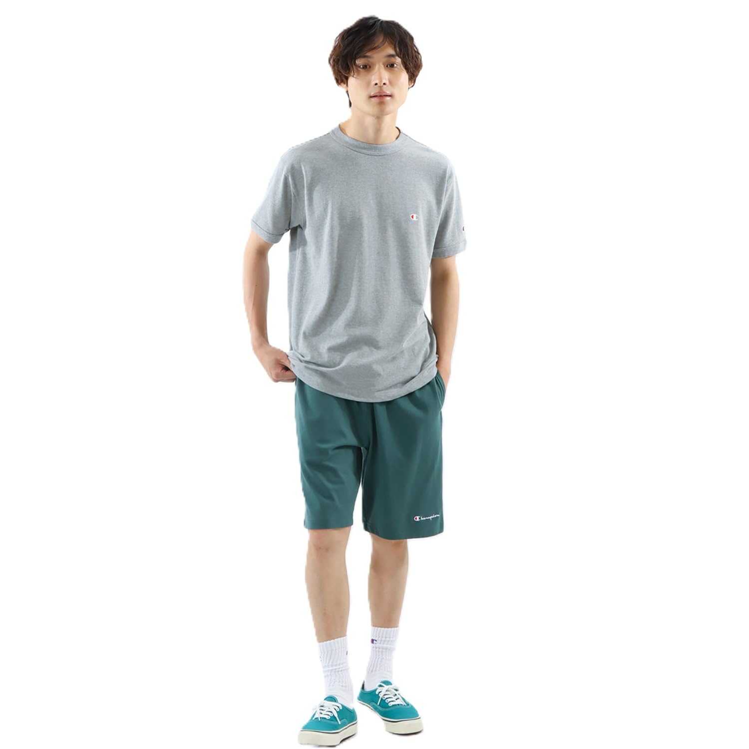 

Champion Short Sleeve Crew Neck Oxford Size L Men s T-Shirt, 100% Cotton, One-Point Logo, Basic, Gray, (C3-Z359)