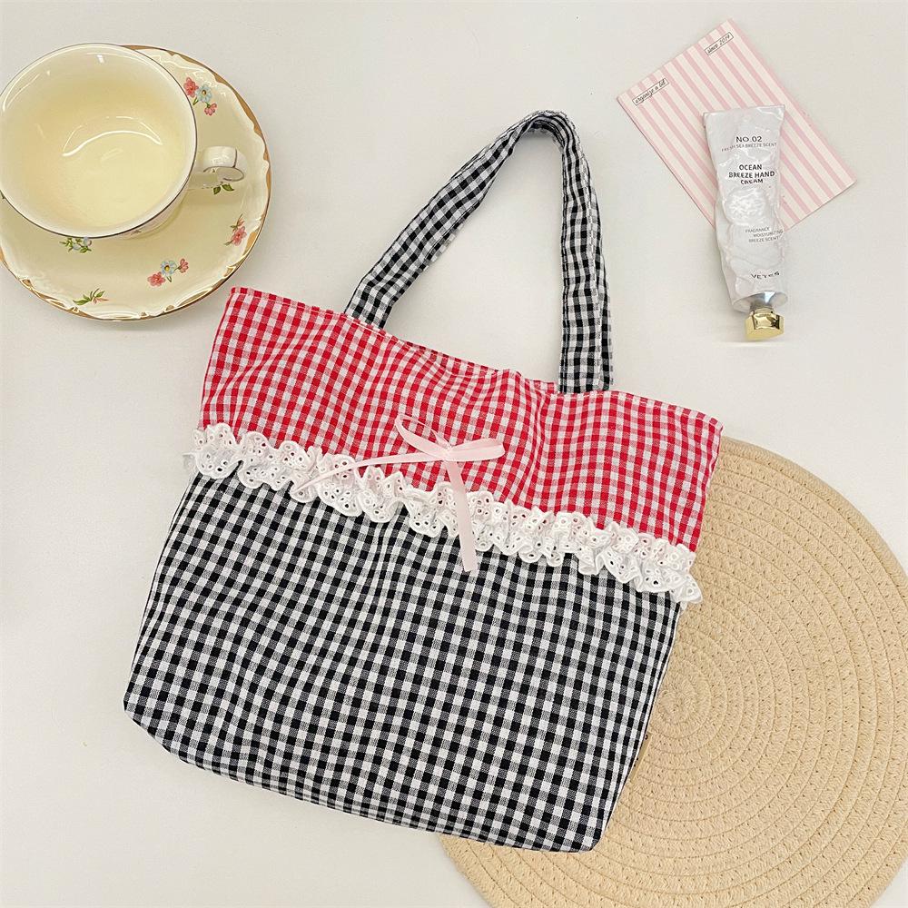 Sweet Bow Patchwork Lace Shopping Bags for Women Ctrast Color Plaid Ladies Bento Handbags Lightweight Portable Female Tote