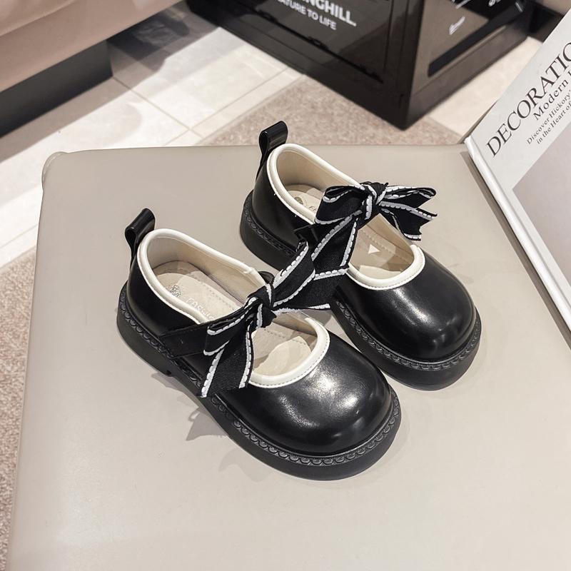 2024 New Girls Leather Shoes Simple Non-slip Bow Round-toe Versatile Soft Elegant Korean Style Kids Princess Loafers Soft Spring