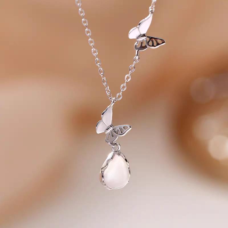 S925 Sterling Silver Flower and Butterfly Necklace with Pink Crystal Water Drop - New 2024 Women s Style. S925 Silver
