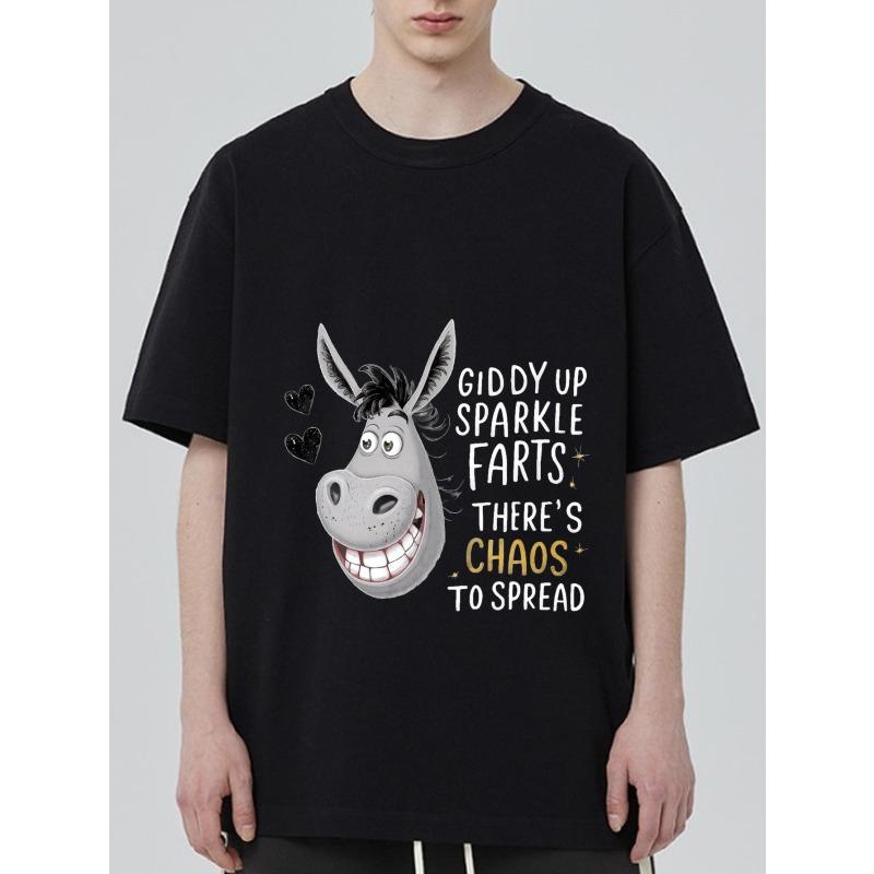 

Black T Shirt with Donkey Cartoon and Giddy Up Sparkle Farts There s Chaos To Spread Print for Casual Wear XXXXL чорний