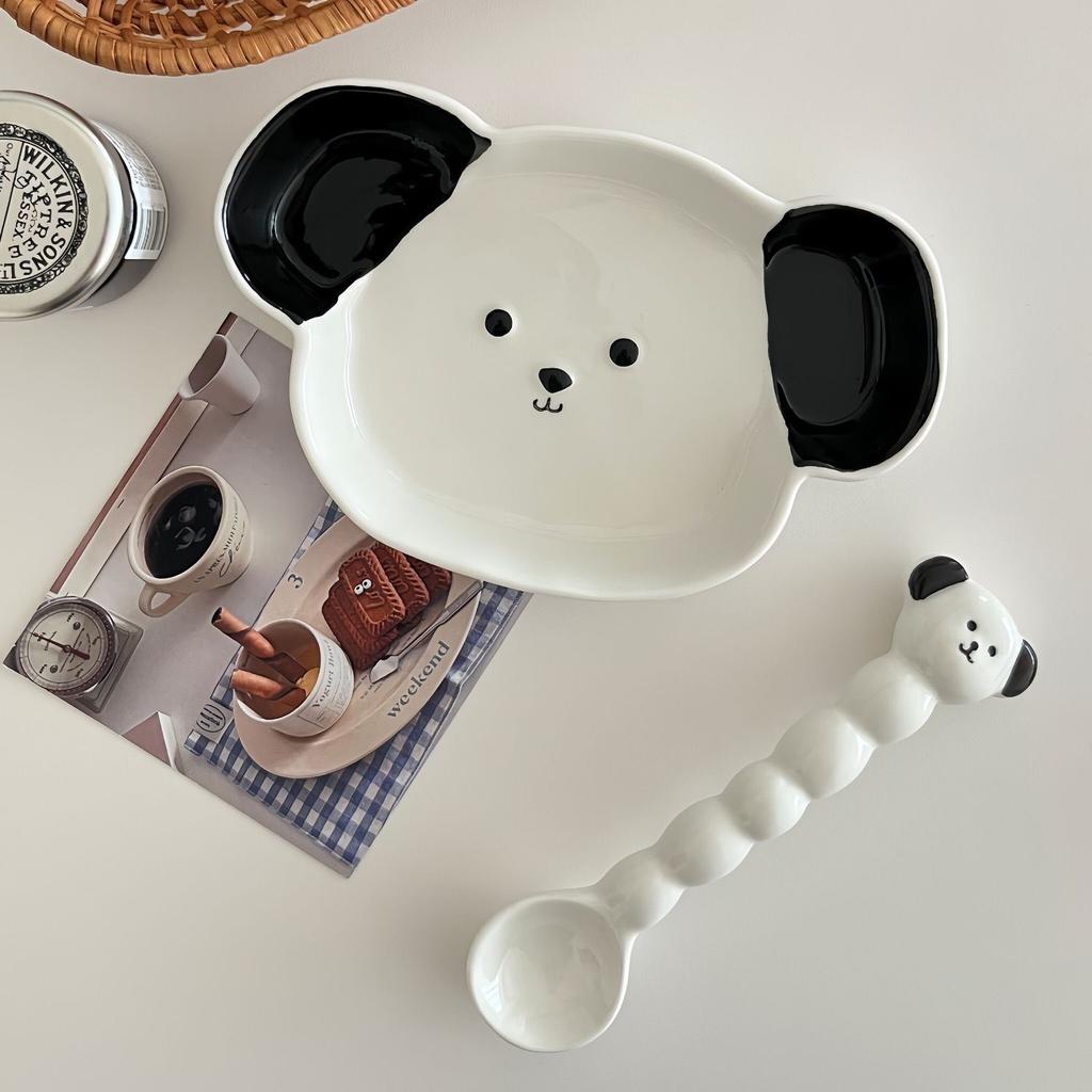 Koreansk Söt Hundformad Salladsskål Skedset Sovsal Nudelskål Keramisk Soppskål Med Handtag Kawaii Keramisk Tallrik Rätt