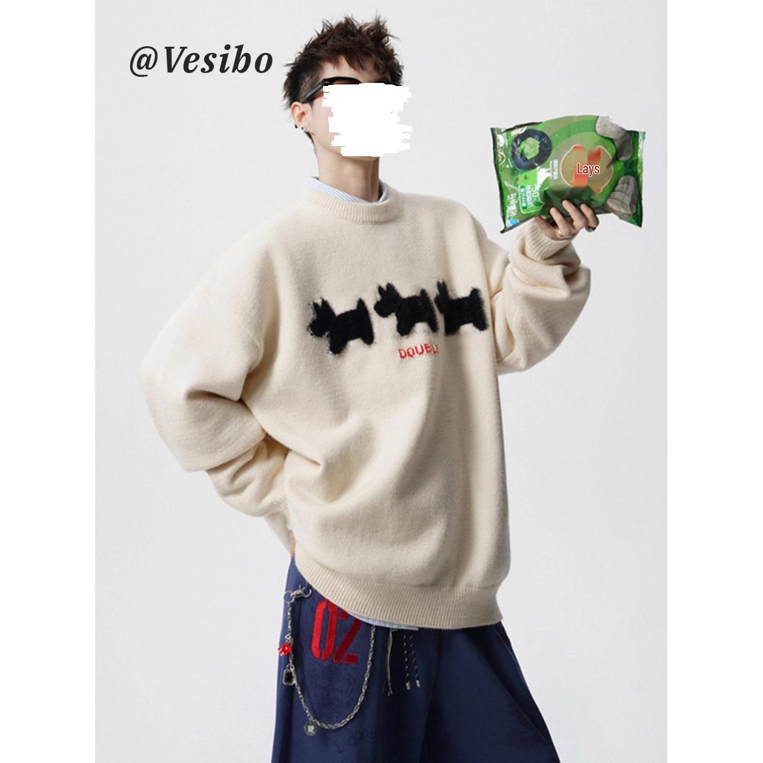 Unisex Retro Round Neck Knit Sweater - Autumn Loose Fit, Versatile High Street Fashion L