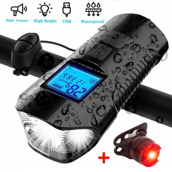 USB Rechargeable LED Bicycle Bike Headlight Rear Tail Light Speedometer Odometer