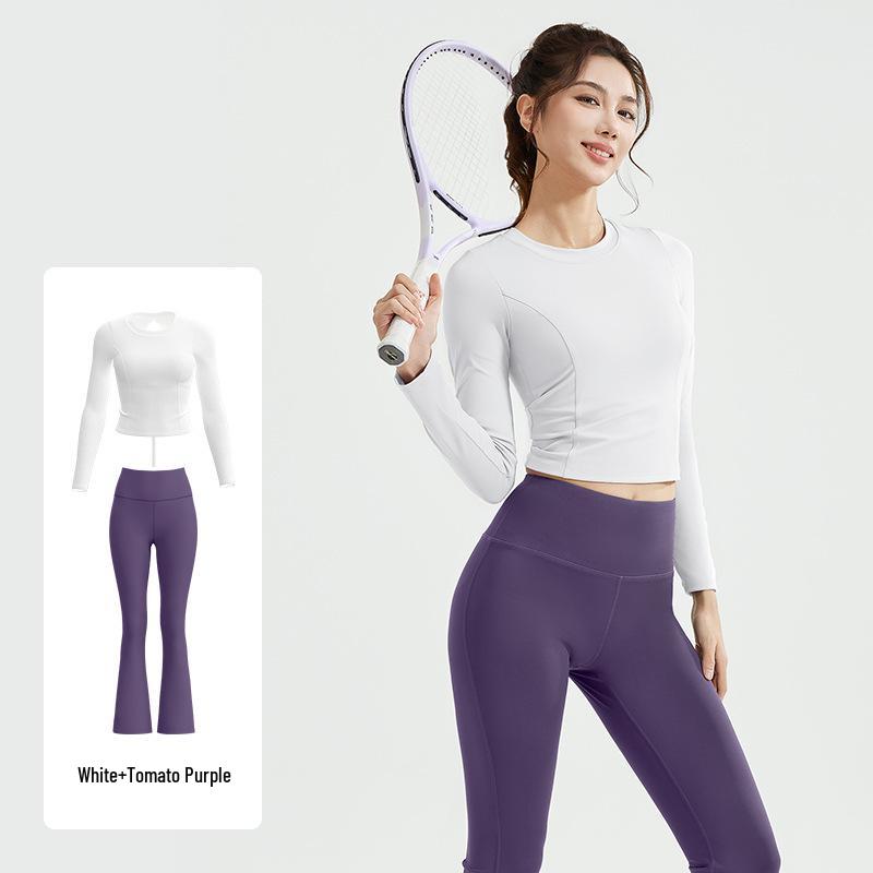 

Женский стильный дышащий фитнес-комплект для йоги: Сексуальный топ с длинными рукавами, с нагрудными вкладышами и кулиской, расклешенные брюки с высокой талией XXL