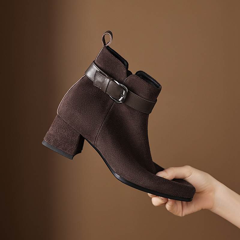 Krazing Pot Cow Suede Nubuck Square Toe Thick Heels Chelsea Boots Size 42 Zip Beauty Lady Women Ankle Boots