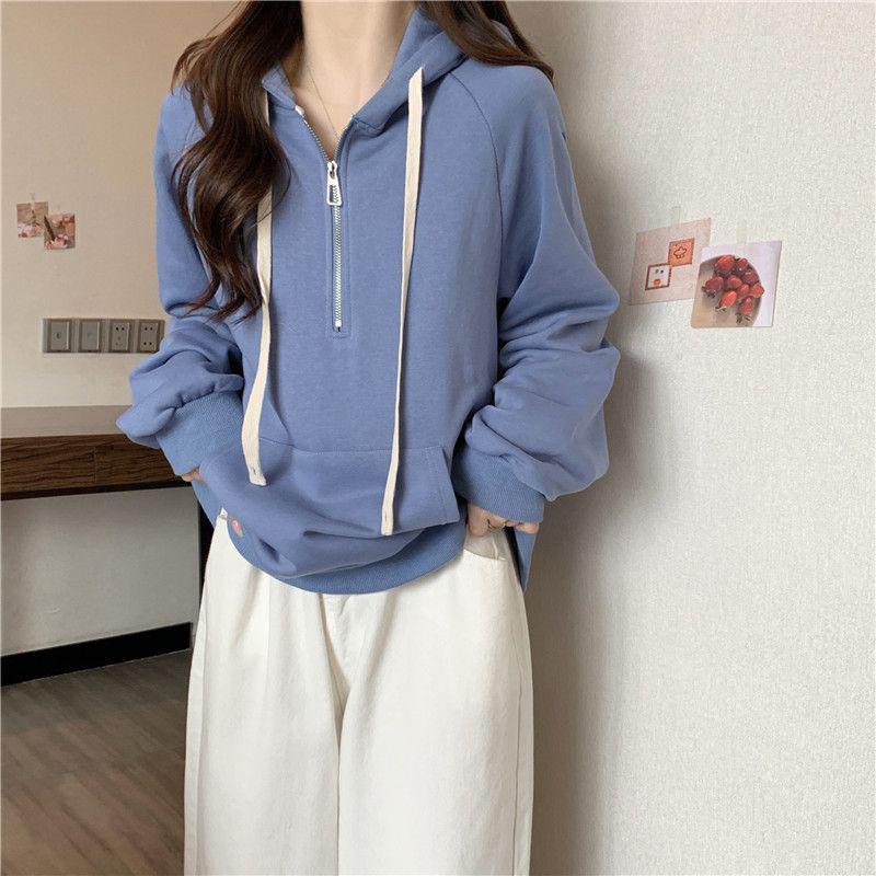 2025 Fall/Winter Women's Korean-Style Loose Half-Zip Hoodie with Slimming Velvet