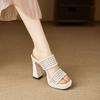 Woven Hollow-out Block Heel Slippers Wear Platform High-heeled Half-slippers Outside Summer Without Tiring Feet
