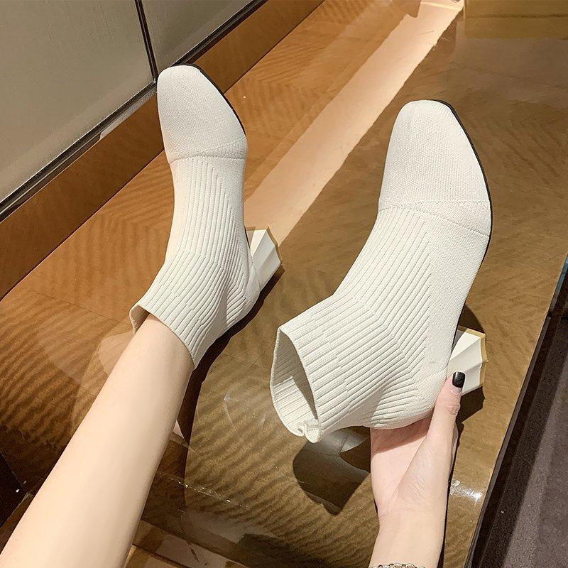 2025 Women's Fashion Boots Pointed Toe Square Heel One Kick Sleeve Short Boots Fashion Classic Knitted Breathable Stretch Boots