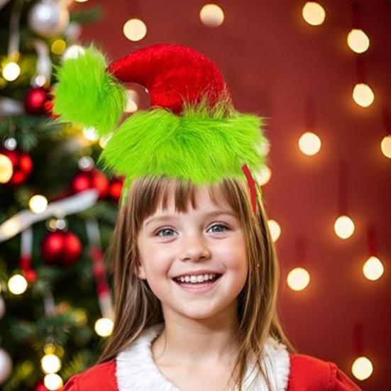 Women Headband Christmas Hat Plush Decor Red Green Striped Hair