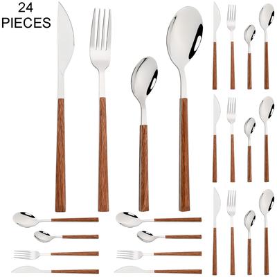 24Pcs Imitation Wooden Handle Cutlery Set Knife Dessert Fork Coffee Spoon Dinnerware Set Gold Kitchen Tableware Stainless Steel Flatware