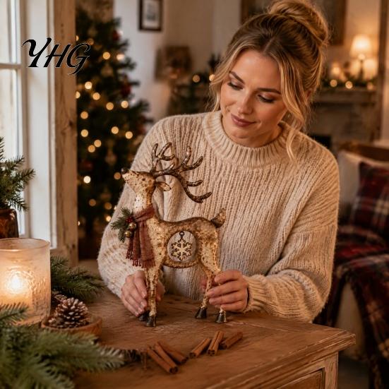 Farmhouse Christmas Home Decorations Rustic Reindeer Figurine, Resin Statue with Hanging Snowflake, Red Collectible Gifts for Friends Scarf And Bell,