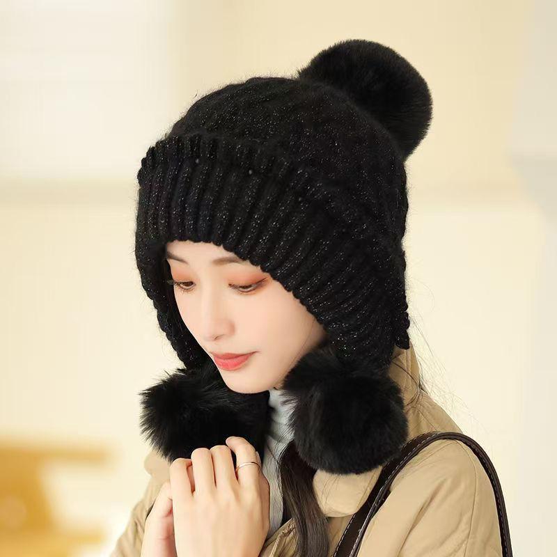 

Женская шерстяная шапка Милая теплая модная вязаная флисовая утолщенная новая зимняя шапка Защита ушей Зима one size