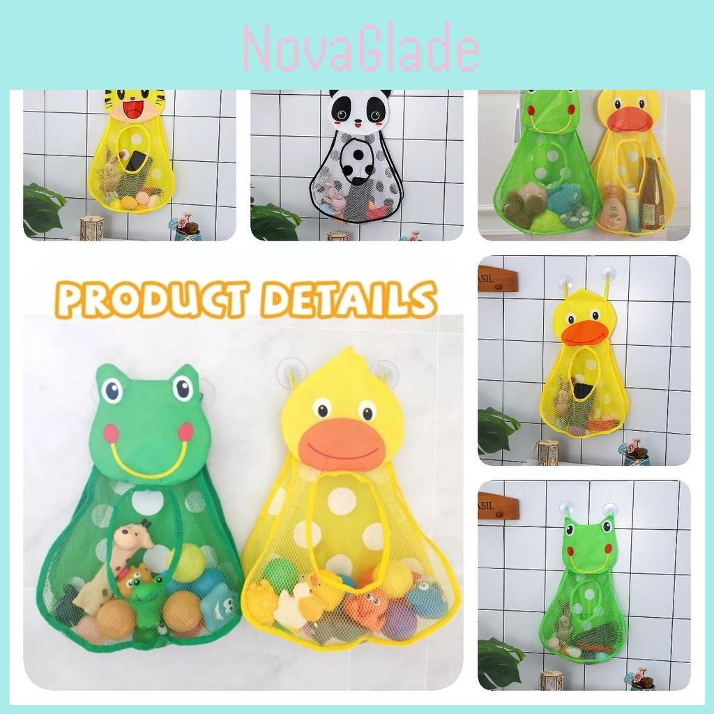 Cartoon Hanging Bath Toy Net Polyester Fiber Bathroom Storage Bag With 2 Hooks