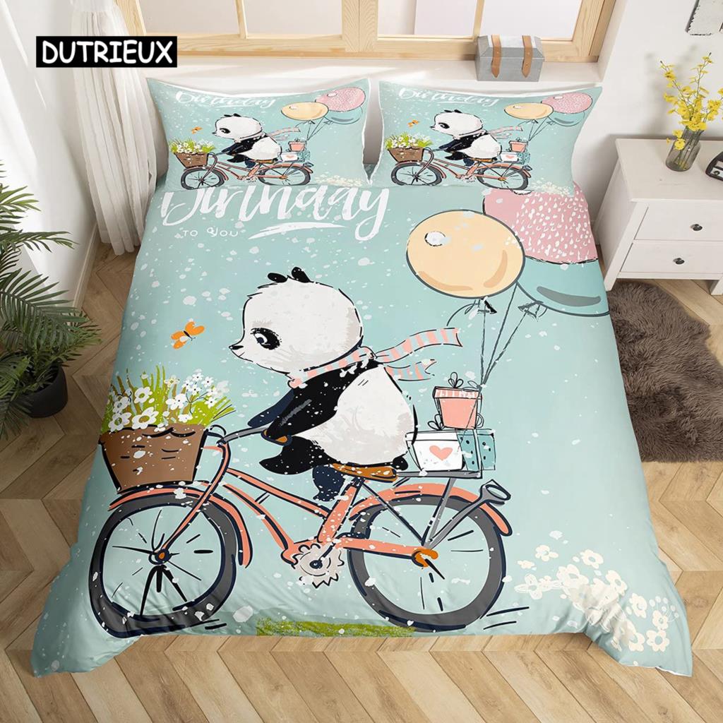 Panda König Komplettes Bettwäscheset Kinder Romantisches Bettwäscheset Cartoon Tier Bettbezug Fahrrad Ballon Libelle Polyester Bettdeckenbezug