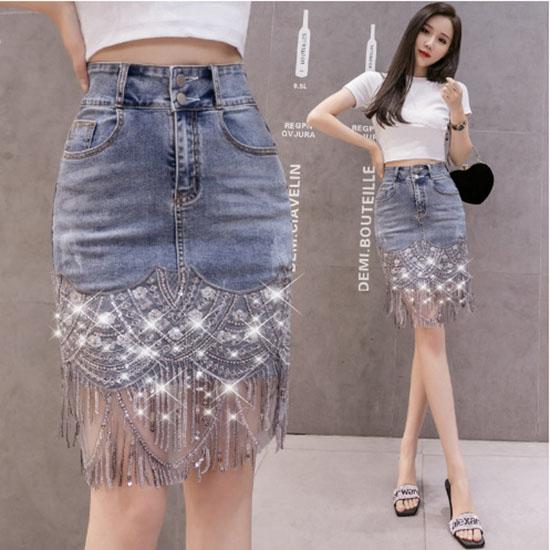 Denim Skirt Women Korean Version High Waist Sequin Skirts Sexy Tassel Denim Buttock Skirt for Female Student