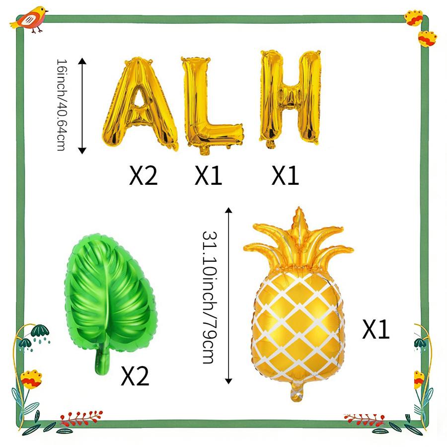 Hawaii-Party-Ballonset in Farben von Palmenblatt, Ananas und Buchstaben. Für Sommerversammlungen, Geburtstagszimmerdekoration