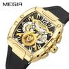 Megir Quartz Watch for Men Waterproof Silicone Strap Fashion Tonneau Case Chronograph Sport Wristwatch with Date Luminous Hands