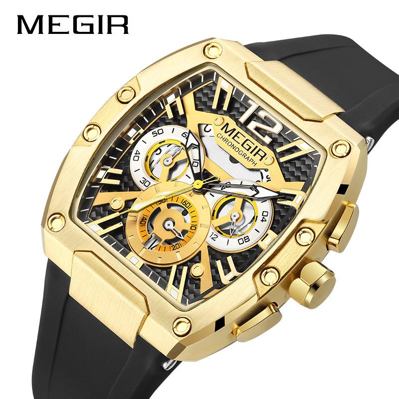 Megir Quartz Watch for Men Waterproof Silicone Strap Fashion Tonneau Case Chronograph Sport Wristwatch with Date Luminous Hands