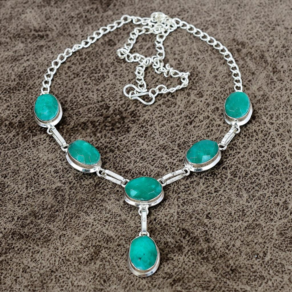 Green Jade Gemstone Handmade 925 Sterling Silver Jewelry Necklace 18" KKG-401