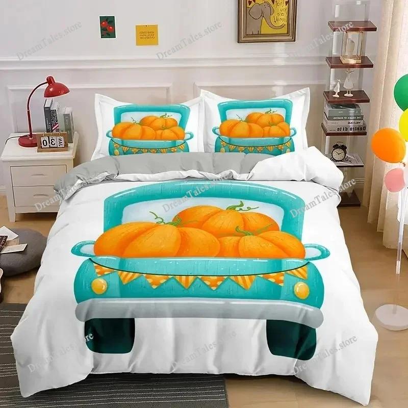 Herbst Kürbis Truck King Queen Bettbezug Happy Fall Thanksgiving Bettwäscheset Kinder Festival Geschenke Polyester Steppdecke