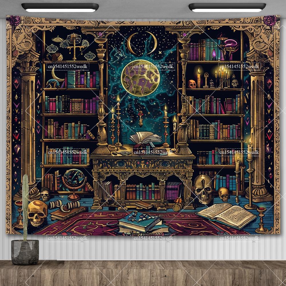 Witch's Library Staircase Tapestry Magic Bookshelf Tapestry Wall Hanging Altar Cloth Aesthetic Room Decor Book Shelves Backdrops