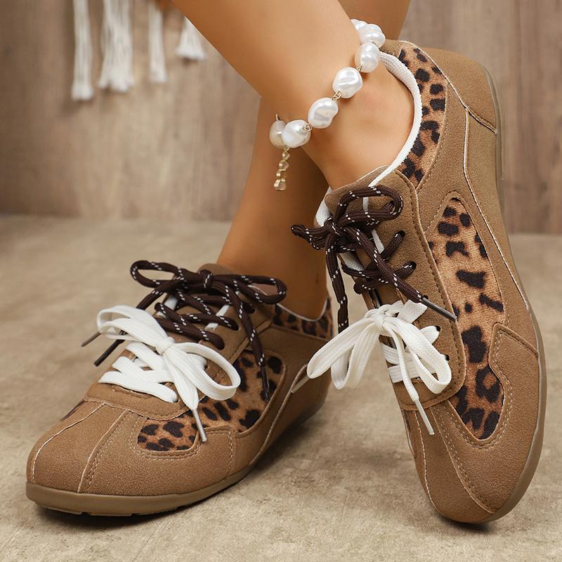 Fashion Women's Shoes Vintage Leopard Print Flat Heel Sneaker Women 2025 Patchwork Lace Up Tennis Shoes Woman Light Non Slip Sport Shoes