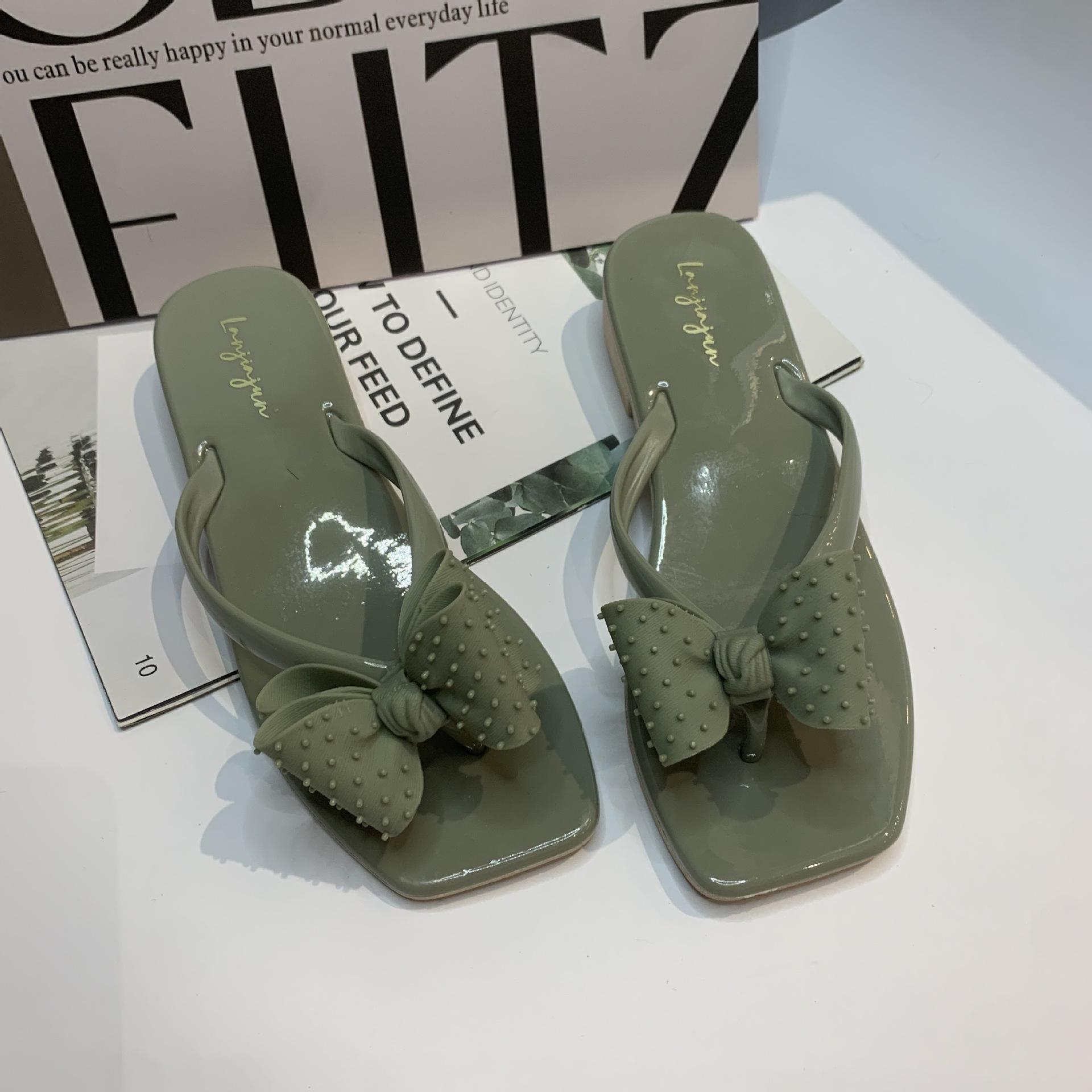 

Шлепанцы с бантом, женские летние новые модные тенденции, модные пляжные тапочки с плоским дном и квадратной головкой 41 зелёный