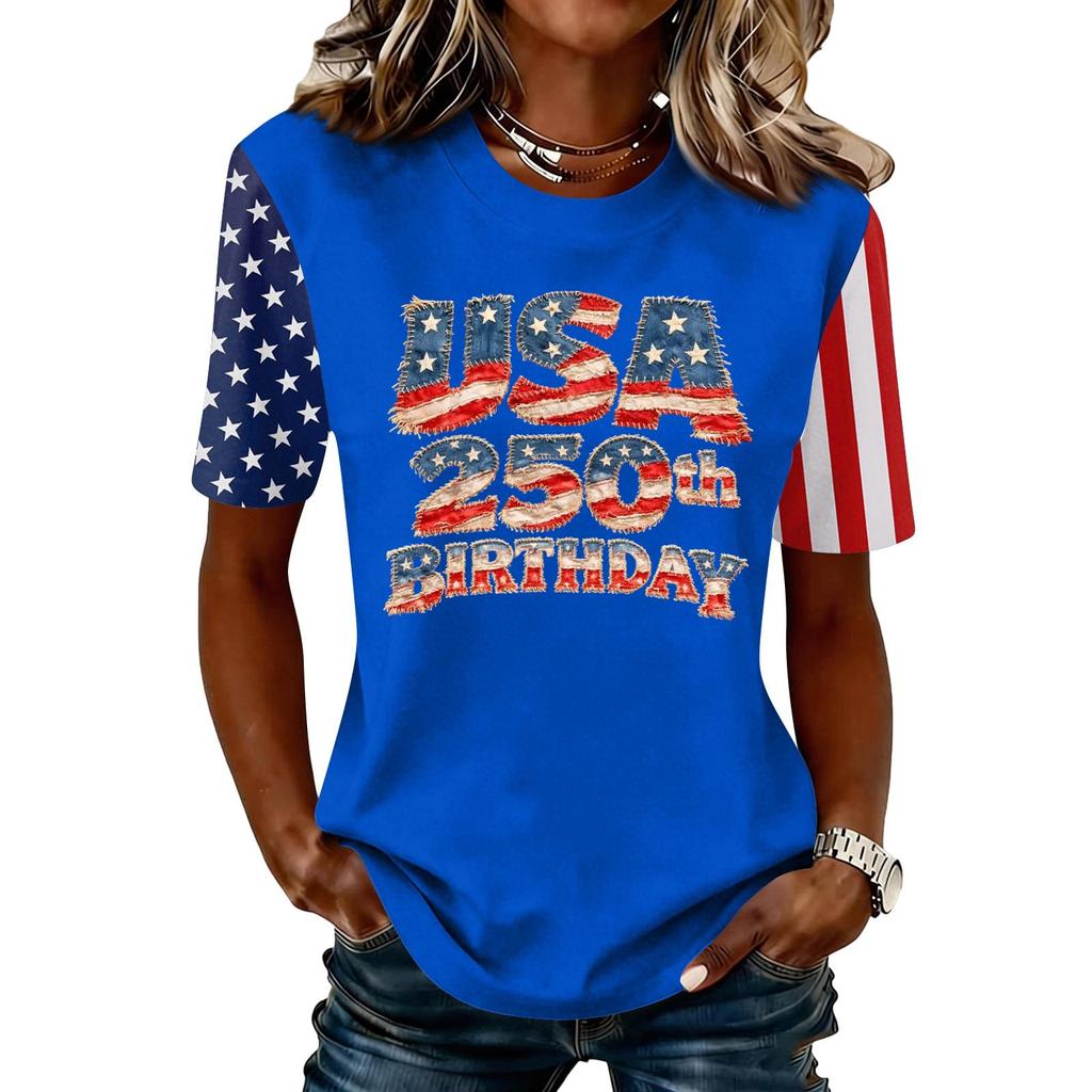 Blusa Feminina da Moda Casual de Manga Curta com Estampa e Gola Redonda