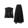 Court Style Lace Embroidery Solid Color Suit Large Lapel Waist Ruffled Top + A-shaped Long Dress