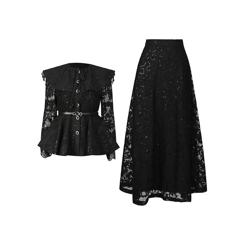 Court Style Lace Embroidery Solid Color Suit Large Lapel Waist Ruffled Top + A-shaped Long Dress
