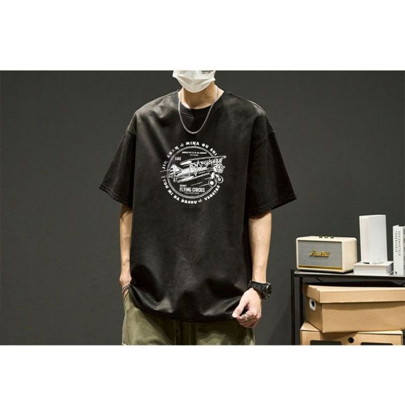 Kurzärmeliges Herren-T-Shirt aus Wildleder für Frühling und Sommer, Herrenbekleidung, trendiges japanisches Rundhals-All-Match-T-Shirt-Oberteil