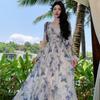 Women's Summer French V-neck Blue Floral Long Sleeve Chiffon Dress