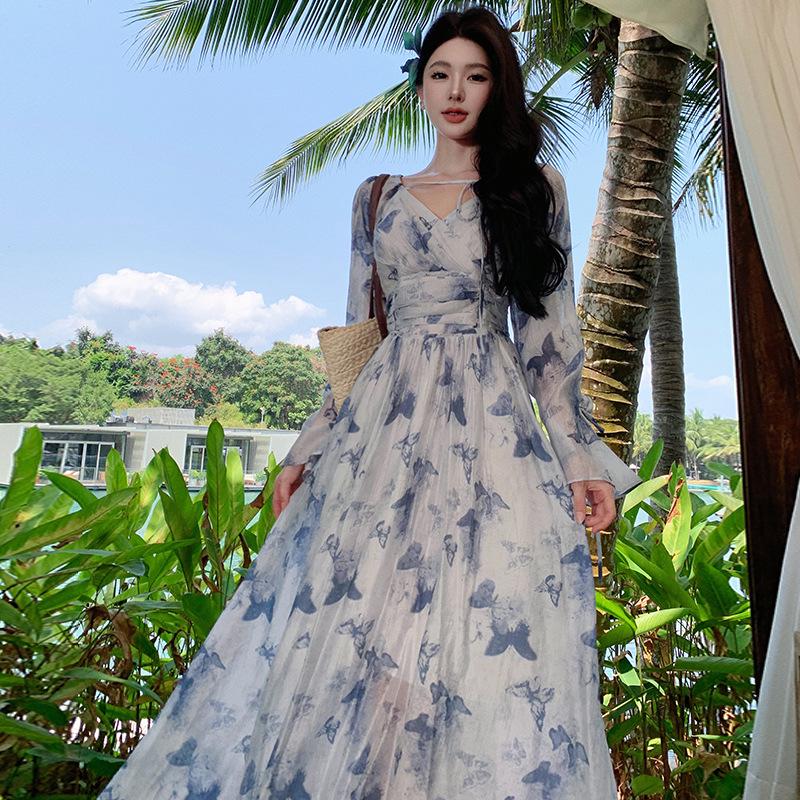 Women's Summer French V-neck Blue Floral Long Sleeve Chiffon Dress