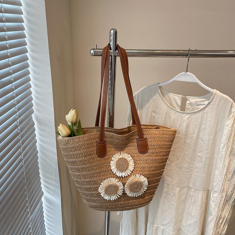 

Yogodlns Women s Summer Straw Woven Large Capacity Basket Shoulder Bag Handbags Fashion Floral Decor Luxury Designer Beach Bali Shopper Totes 23x14x29cm