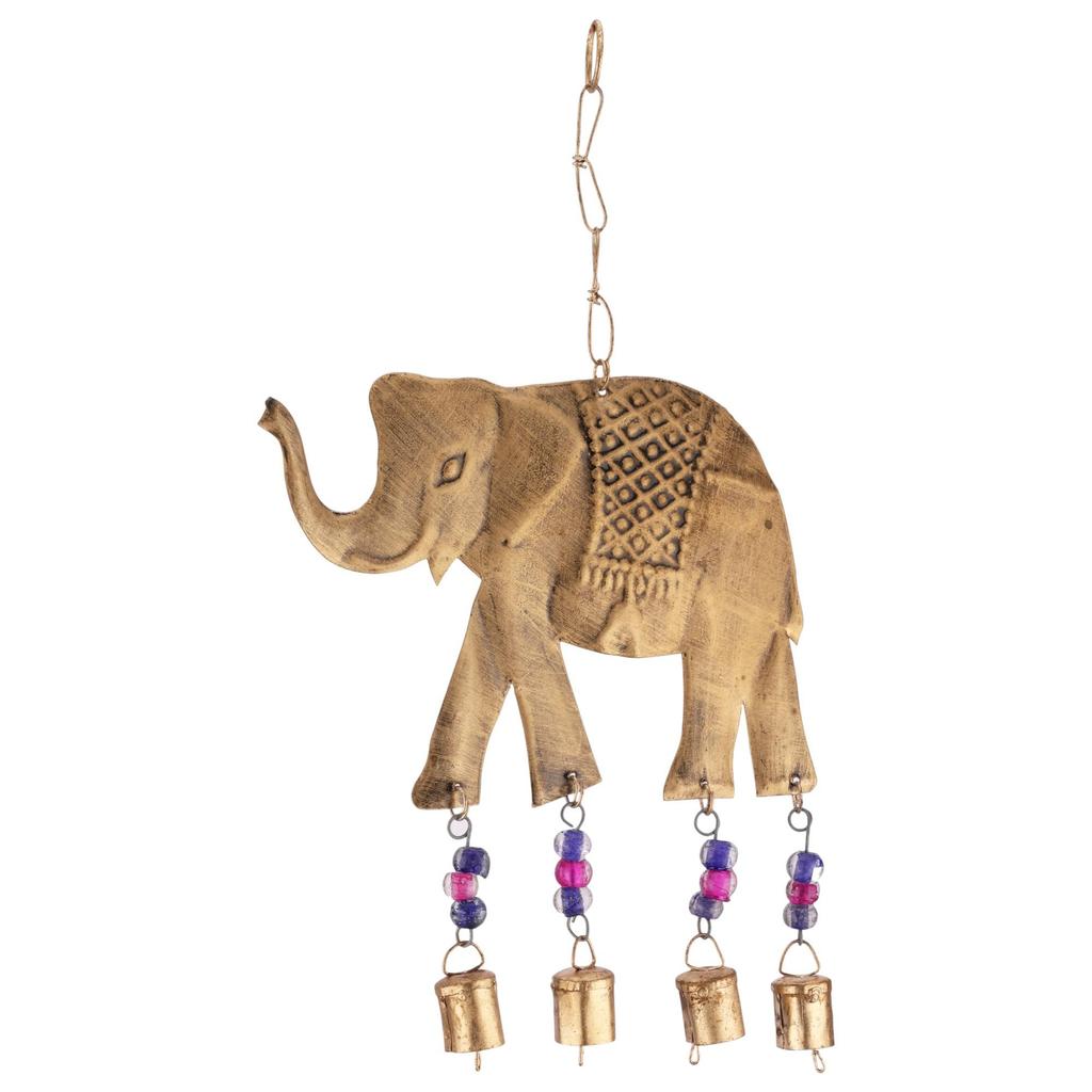 HANDMADE RUSTIC ELEPHANT WIND CHIME with Cow Bells, Boho Garden Art for Patio Porch Balcony, 15 Inch Gold Metal Wind Catcher Decor