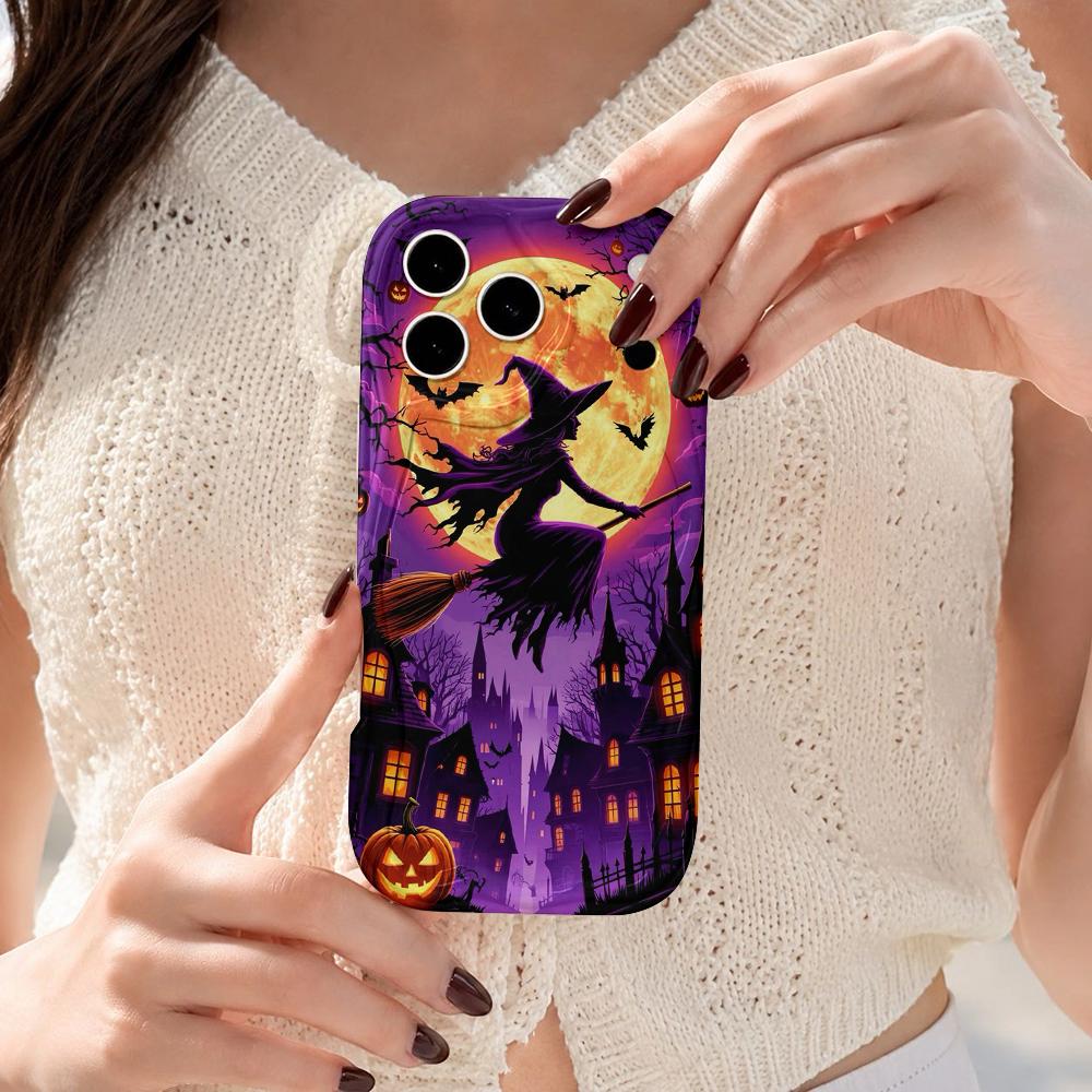 Wavy Edge Phone Case For iPhone 16 15 14 Pro Max 13 12 11 Mini XR XS SE Halloween Flying Witch Castle