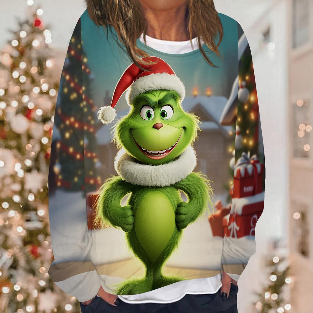 Dámská ležérní móda vánoční mikina s dlouhým rukávem a výstřihem do O s potiskem vrstva svetru